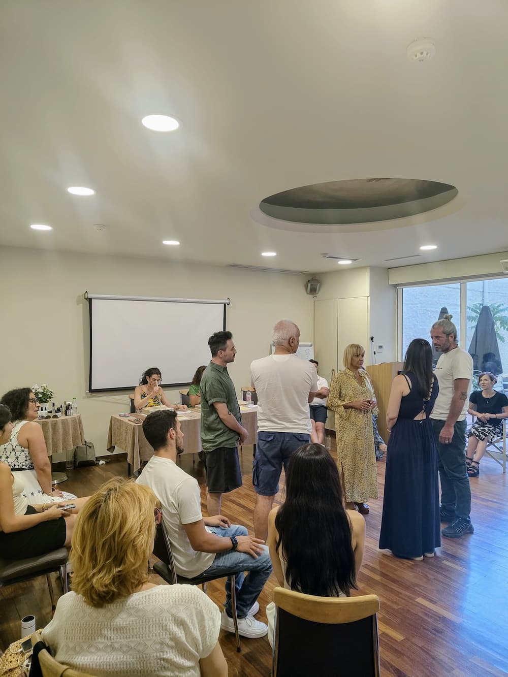 Systemic Soul Healing. Group of people in a room with a projector screen and tables.